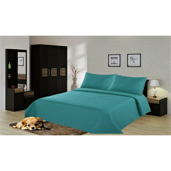KING NENA TURQUOISE Solid Reversable Quilt Set Stippling Stitches Pattern Comfort Bedspread Bedroom Bedding Dressing