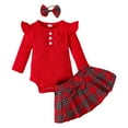 thumbnail image 1 of Felwors Toddler Girls Ruffles Long Sleeve Solid Ribbed Romper Plaid Prints Skirts Headbands Outfits, 1 of 8