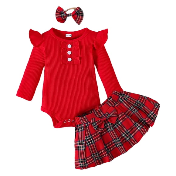 JIRNDf Baby Girl Summer Clothes Cute Casual Outfits Ruffles Long Sleeve Solid Ribbed Romper Plaid Prints Skirts Headbands Elegant Girls Clothing Set Red 0-3 Months