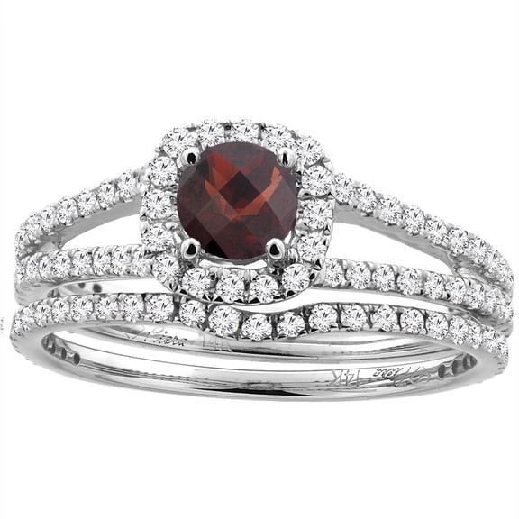 14K White Gold Diamond Halo Natural Garnet 2pc Engagement Ring Set Round 5 mm, size 6