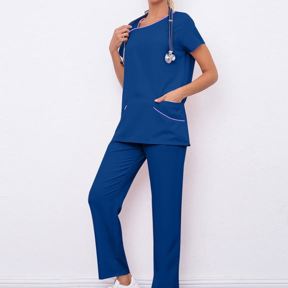 Fgvctg Women Scrubs Sets Plus Size Nursing Scrubs Petite V-Neck Scrub Pants and Tops Jogger Scrubs Medical Scrub Sets Tall Scrubs Sets Royal Blue 2XL