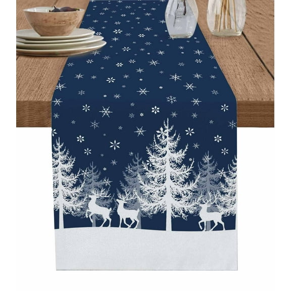 Table Runners 120 Inches Long Dress Scarves, Christmas Blue Farmhouse Coffee/Dining/Kitchen Table Runner for Living Room, White Xmas Tree Elk Winter Snowflake 13x120 Inch