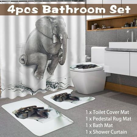 Grey Bathroom Shower Curtains 71x71 inch Grey Elephant Waterproof Distinctive Bathroom Fabric Shower Curtain (with 12 hooks)+ 3 PCS Non-Slip Pedestal Rugs Toilet Seat Lid Cover Set Christmas Gift ()