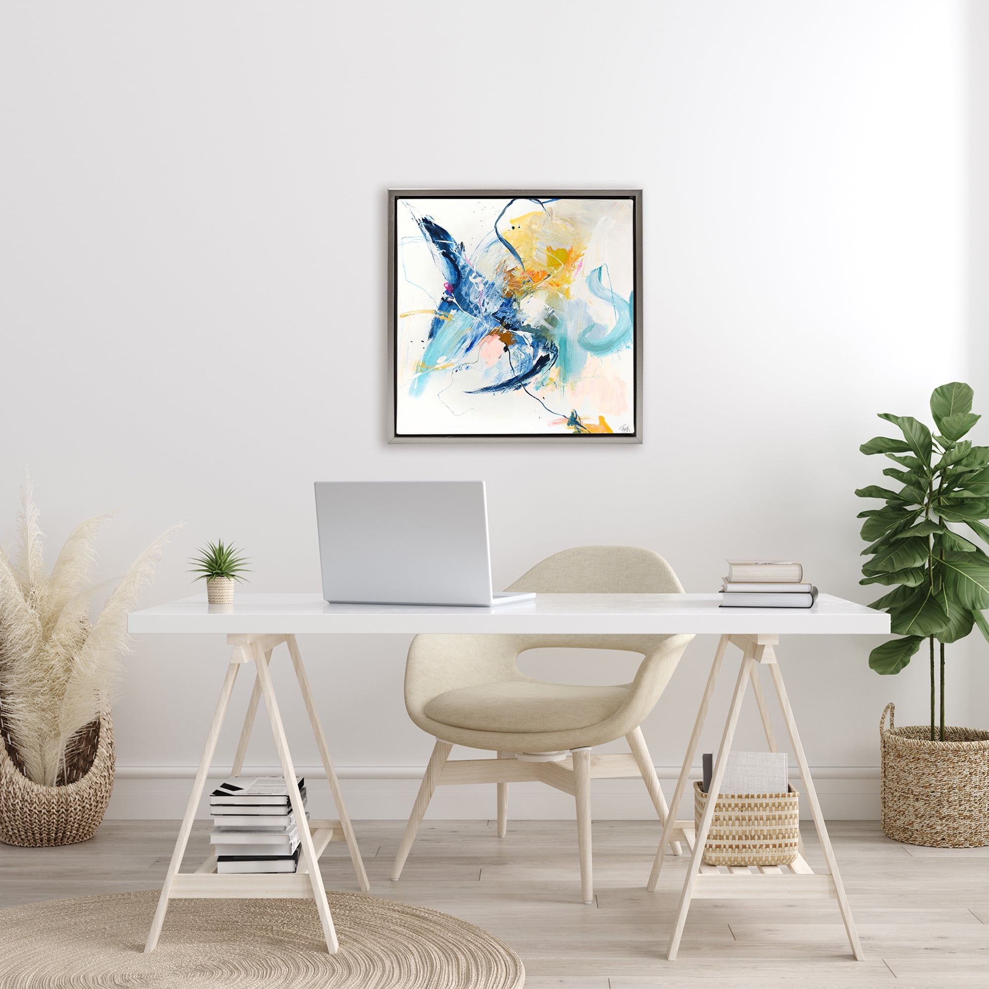 Confident Blue Abstraction Gray Framed Floater Canvas Wall Art, design by Design Fabrikken