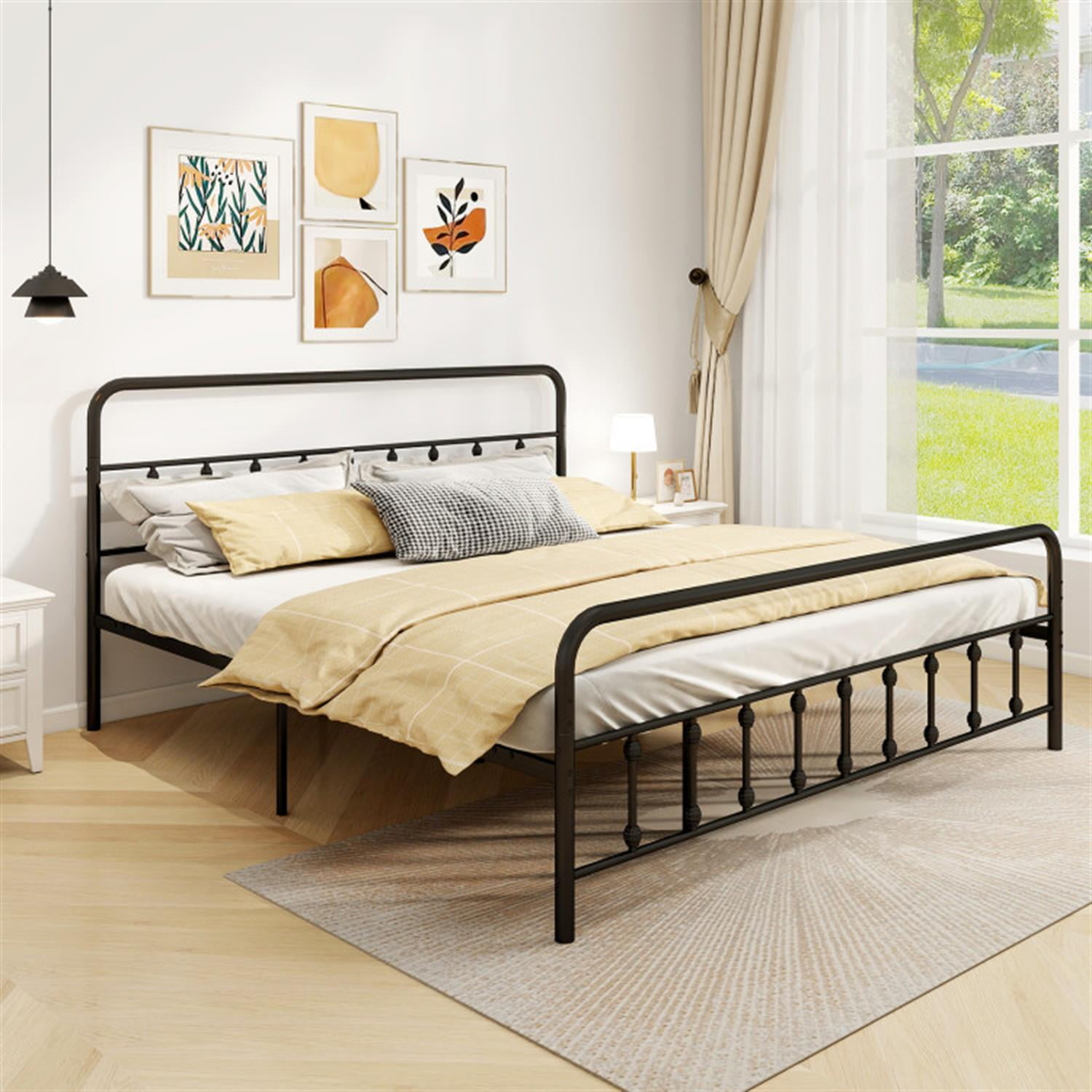 Demi Bonn King Size Bed Frame with Headboard, Metal Platform Bed Frame with Under Bed Storage, No Box Spring Needed, Black