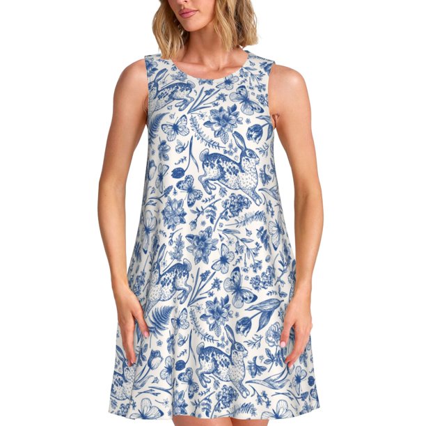 Balery Rabbit And Butterfly Vestidos de verano para mujer con estampado: vestido holgado sin mangas, vestido playero informal y cómodo para días calurosos.