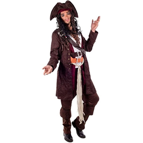 Fun Shack Mens Caribbean Pirate Captain Costume Hat Wig Movie TV Fancy Dress Theme Party Brown L