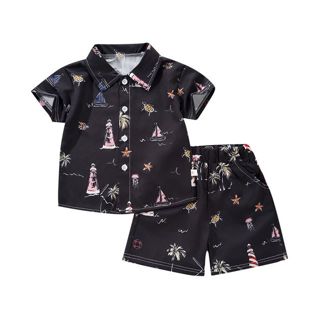 MIASHUI Ensemble 2 Pcs pour Garçons Chemises à Manches Courtes Hawaïennes, Noir, 3-4 Ans