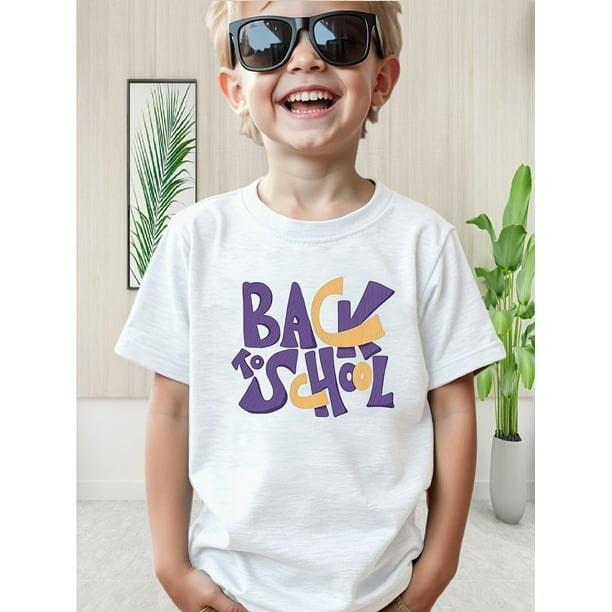 1pc comfortable stretch top for boys casual T-shirt printed with BACK T O SCHOOL pattern, short sleeves, round neck, polyester blend, machine washable - perfect for spring/summer outdoor fun