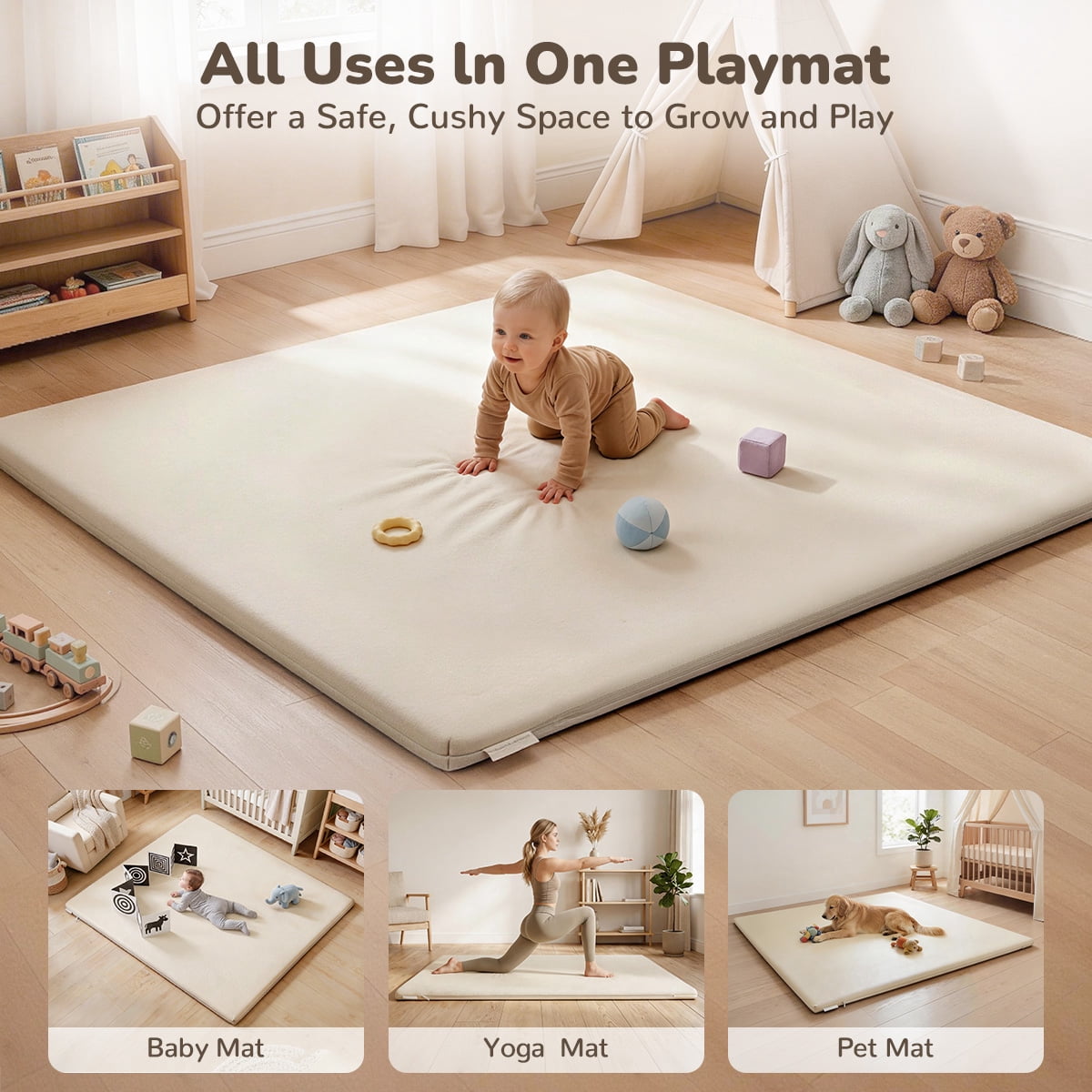 Baby Play Mat, Caveen Vegan Leather Baby Floor Mat Playpen Mat, Thicken Soft Crawling Mat for Infant, Wipe-Clean, 50"x 50", Beige