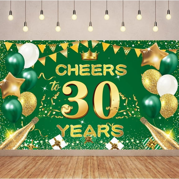 Green Gold Cheers 30TH Years Banner Backdrop, Green Gold Happy 30th Birthday Decorations for Women Men Her Him Anniversary Photography Party Supplies