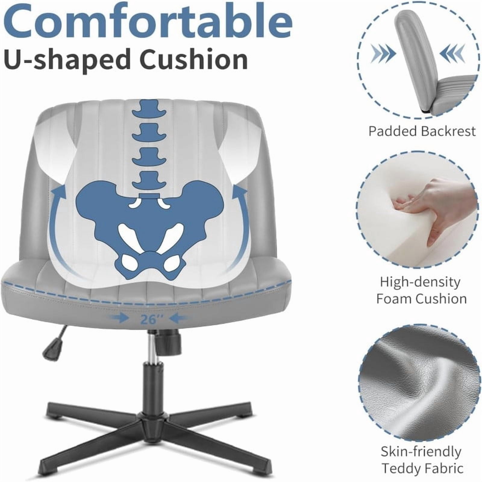 Kelno PU Leather Cross Legged Desk Chair Wide Seat Chair Ergonomic Height Adjustable Swivel Office Vanity Chair, Grey