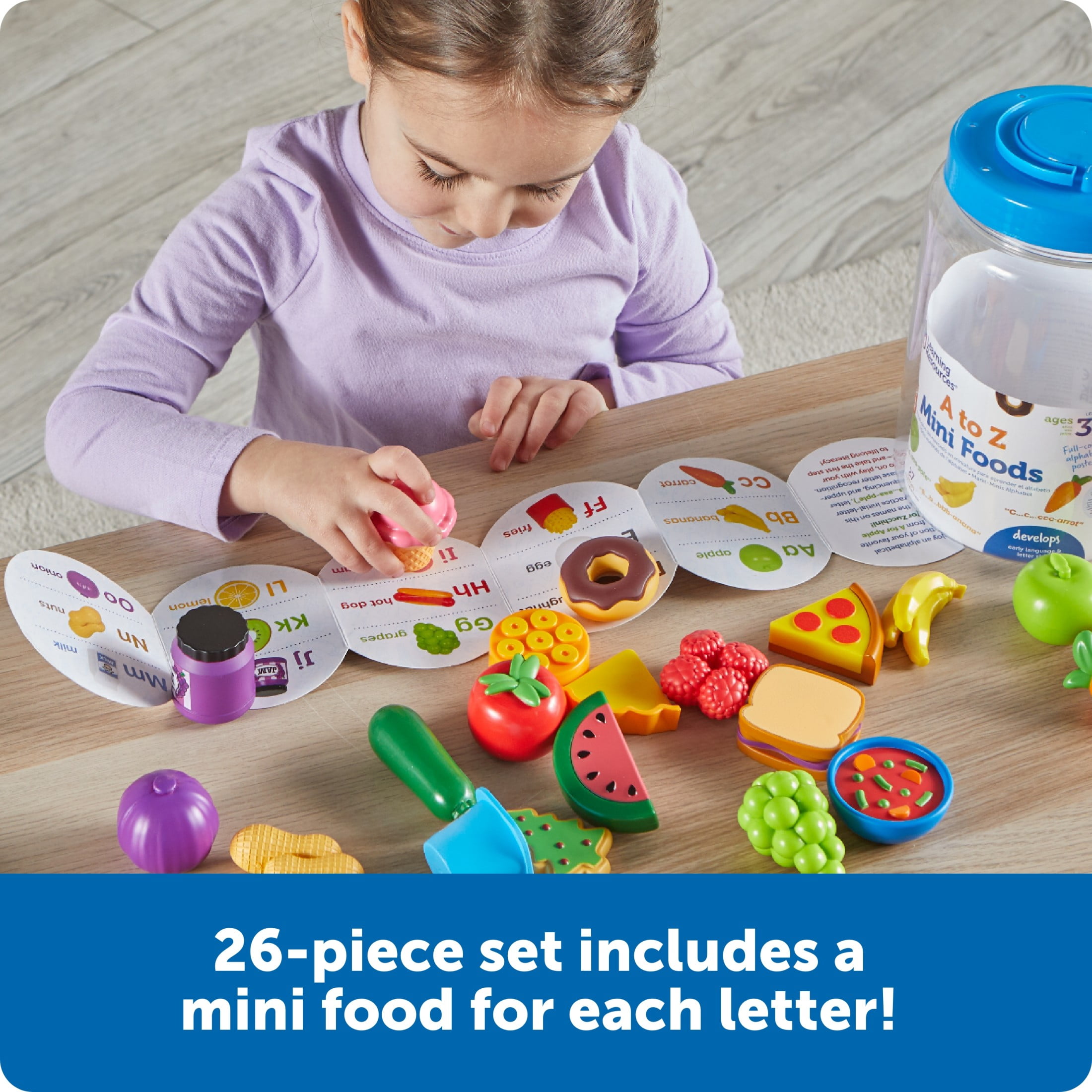 Learning Resources A to Z Mini Foods, Play Kitchen Play Food, Alphabet Learning Toy, Ages 3
