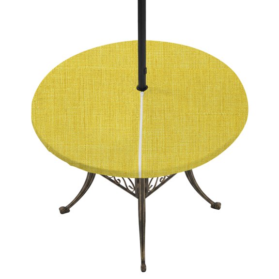 Outdoor Tablecloth with Umbrella Hole and Zipper Yellow Linen Texture Round Fitted Table Cover with Elastic Waterproof Farmhouse Solid Color Patio Tablecloths for Picnic BBQS Garden Fit 45"-54"