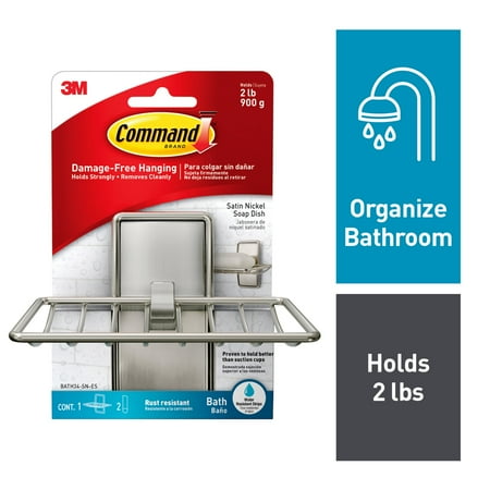 New Classic Soap Dish - Command Soap Dish, Satin Nickel, 1 Soap Dish, 2 Medium Water-Resistant Strips/Pack