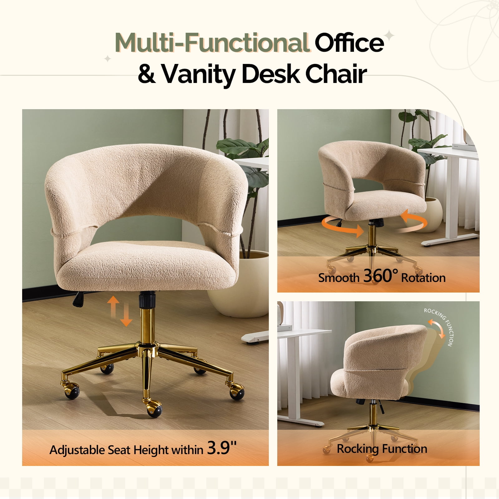 Ktaxon Flannel Accent Chair Multi-Use Makeup Desk Chair with 360 Swivel Adjustable Height for Bedroom Office Dorm Khaki