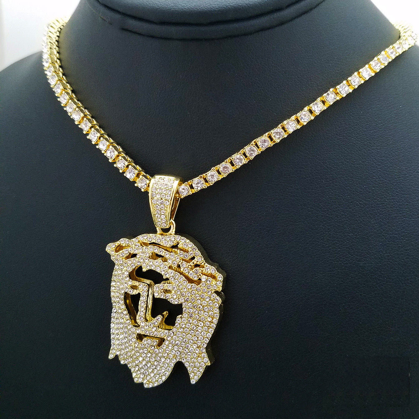 ICED Jesus Pendant & Tennis Choker Chain Necklace Gold Plated Men HipHop Jewelry 