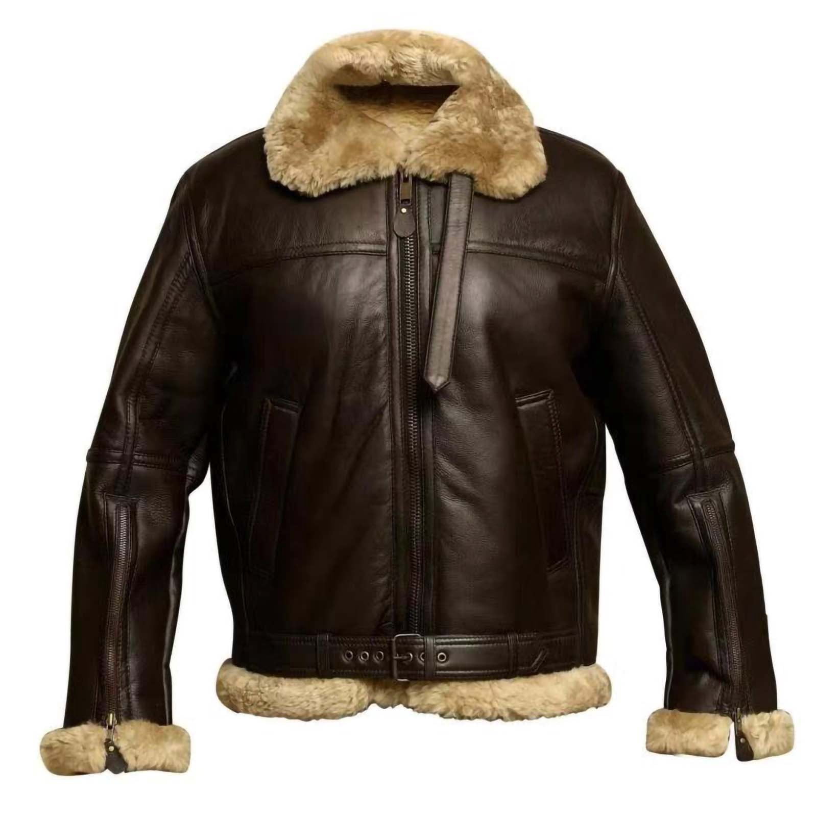 Real Lambskin Leather Jackets Mens - Premium Shearling Leather Coat Men Casual Winter Sherpa Lined Leather Fur Coats Shearling Sheepskin Leather Winter Jacket with Pockets