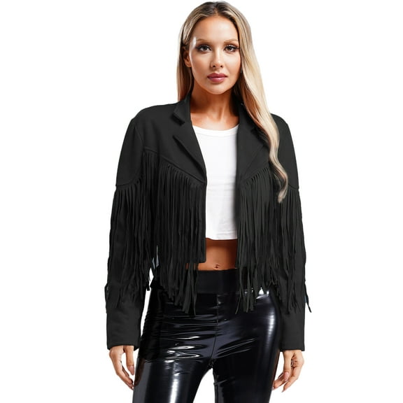 dPois Women's Fringe Faux Suede Leather Jackets Fashion Cowgirl Tassel Motorcycle Cropped Coats Black L