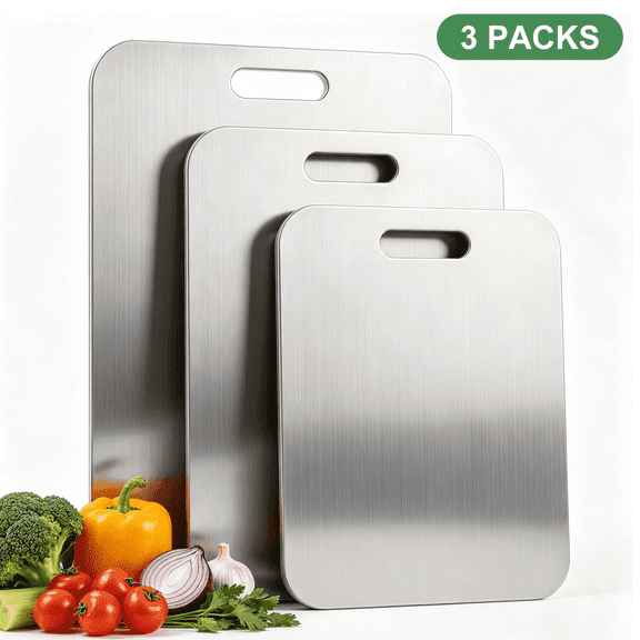 Wynra 3 Piece Stainless Steel Cutting Board Set, Non-Toxic Double-Sided Cutting Board for Kitchen, Durable Metal Cutting Board for Meat, Vegetables, Fruits & Bread, Dishwasher Safe