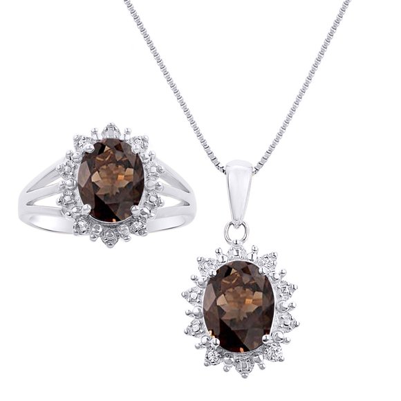 RYLOS Jewelry For Women 14K White Gold Princess Diana Inspired Ring & Necklace W/ 18" Chain Gemstone & Diamonds 9X7MM Smoky Quartz June Birthstone Womens Jewelry Matching Gold Jewelry For Women