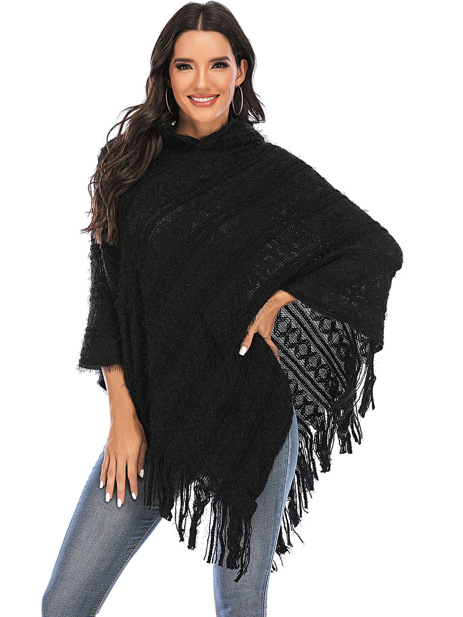 Women Ladies Tassel Cloak Hood Warm Sweater Knit Top Poncho Cape Coat Outwear US