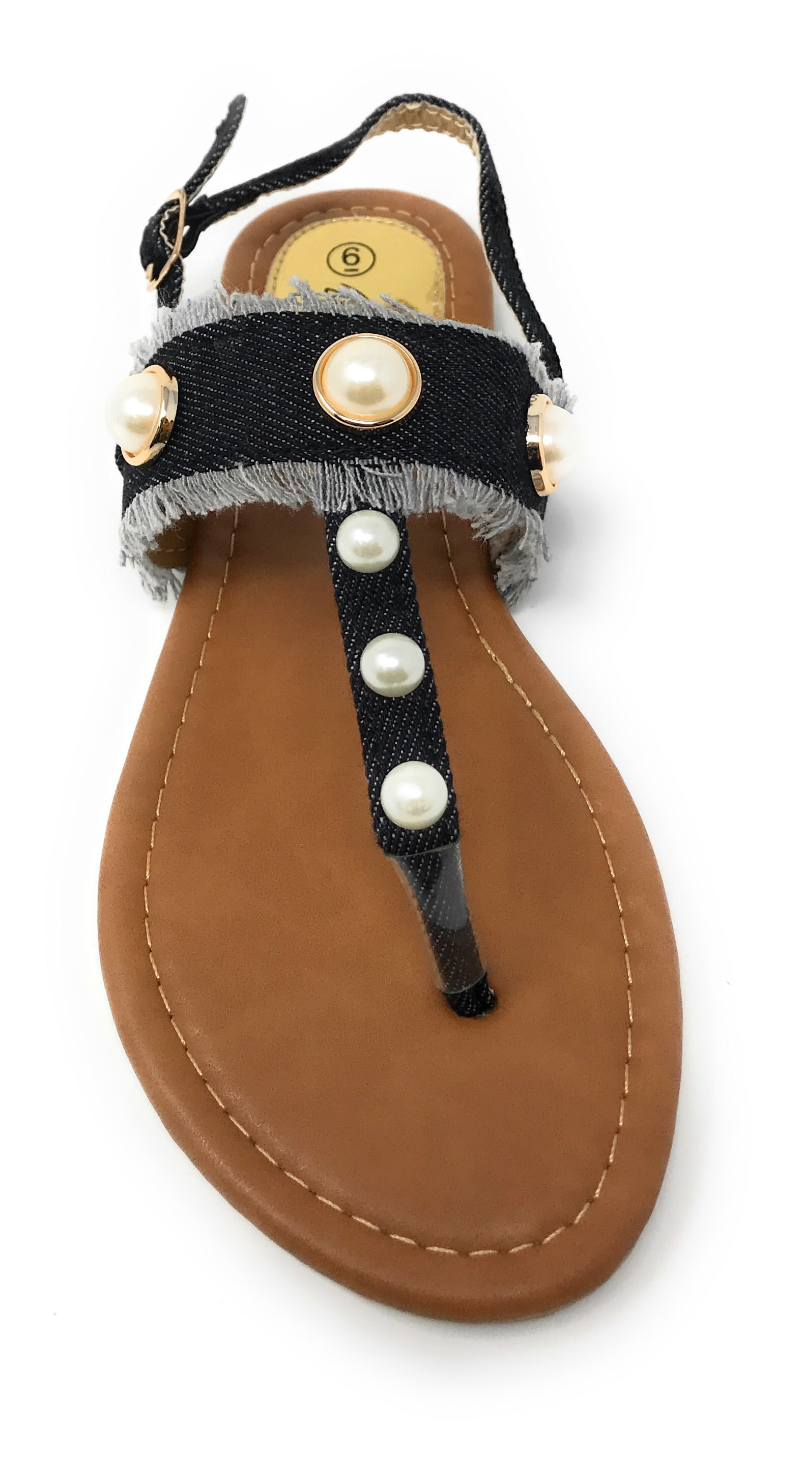 Victoria K Women's Fringed Denim With Pearl Studs Sandals