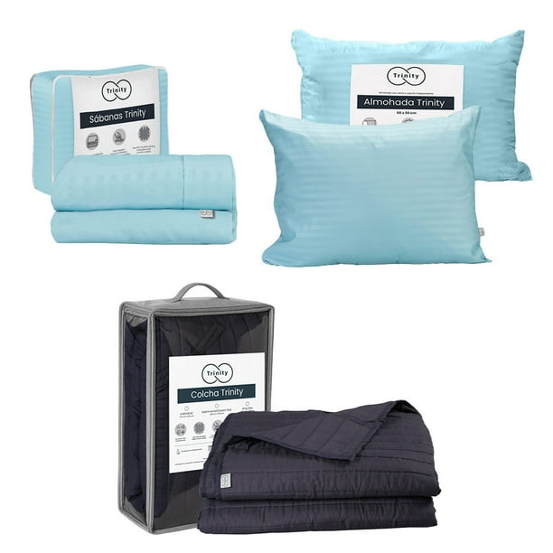 Colcha Matrimonial Acabado Ultrasónico Trinity Azul Marino + Juego de Sábanas Trinity + 2 Almohadas Trinity