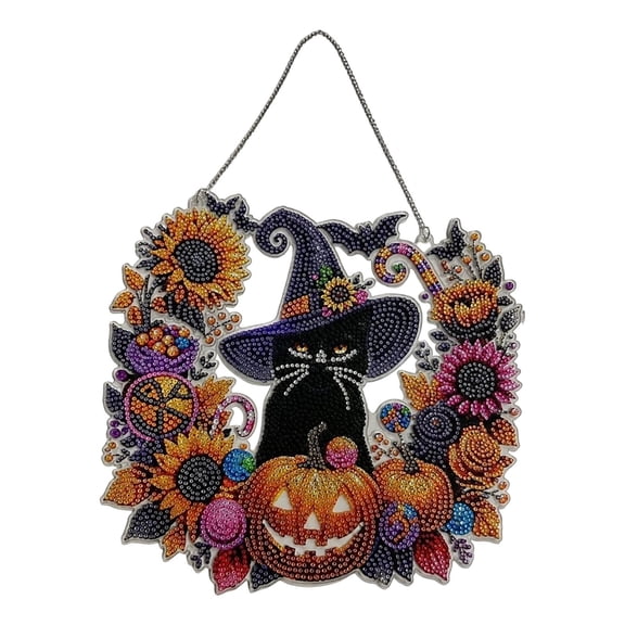 SPOORYYO Halloween Diamond Art Pendant Kit, DIY Sparkling Pumpkin Wreath Decoration for Window, Wall, Door, or Porch