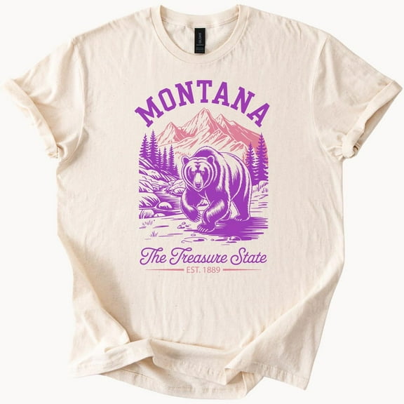 Kiraa Tee with Montana Bear Graphic T Shirt Mountain Landscape Nature Hiking Outdoors The Treasure State Est 1889 Wildlife Art Tee Birthday Gifts; For Men & Women