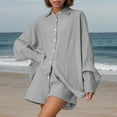 thumbnail image 4 of Conjunto de camisa y pantalones cortos de mezcla de lino liso para mujer: conjunto informal de dos piezas, tejido transpirable, tallas S-XXL, contorno de pecho 112-132 cm., 4 of 7