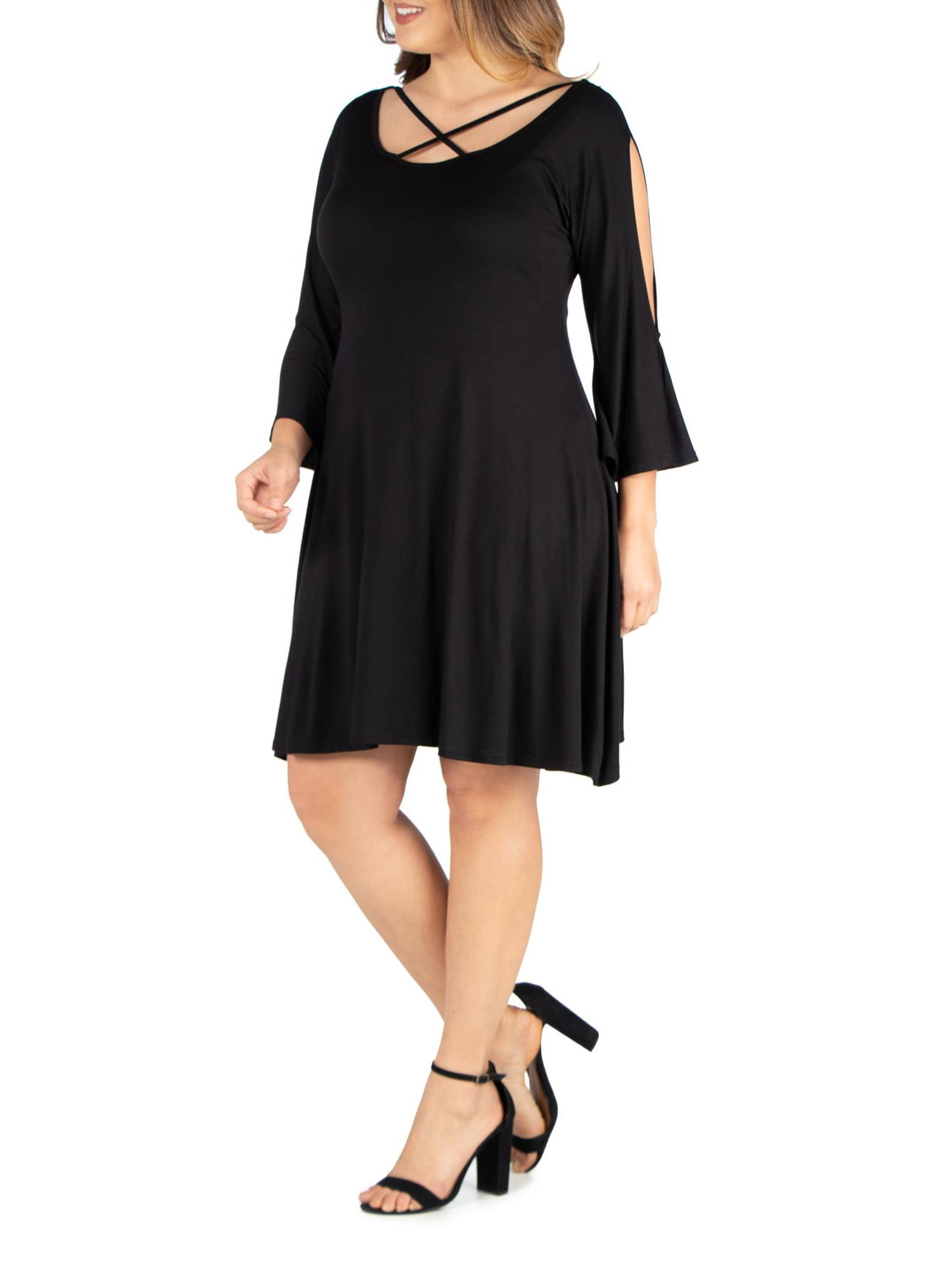 24/7 Comfort Apparel Women's Plus Size Criss Cross Neckline Cold Shoulder Dress
