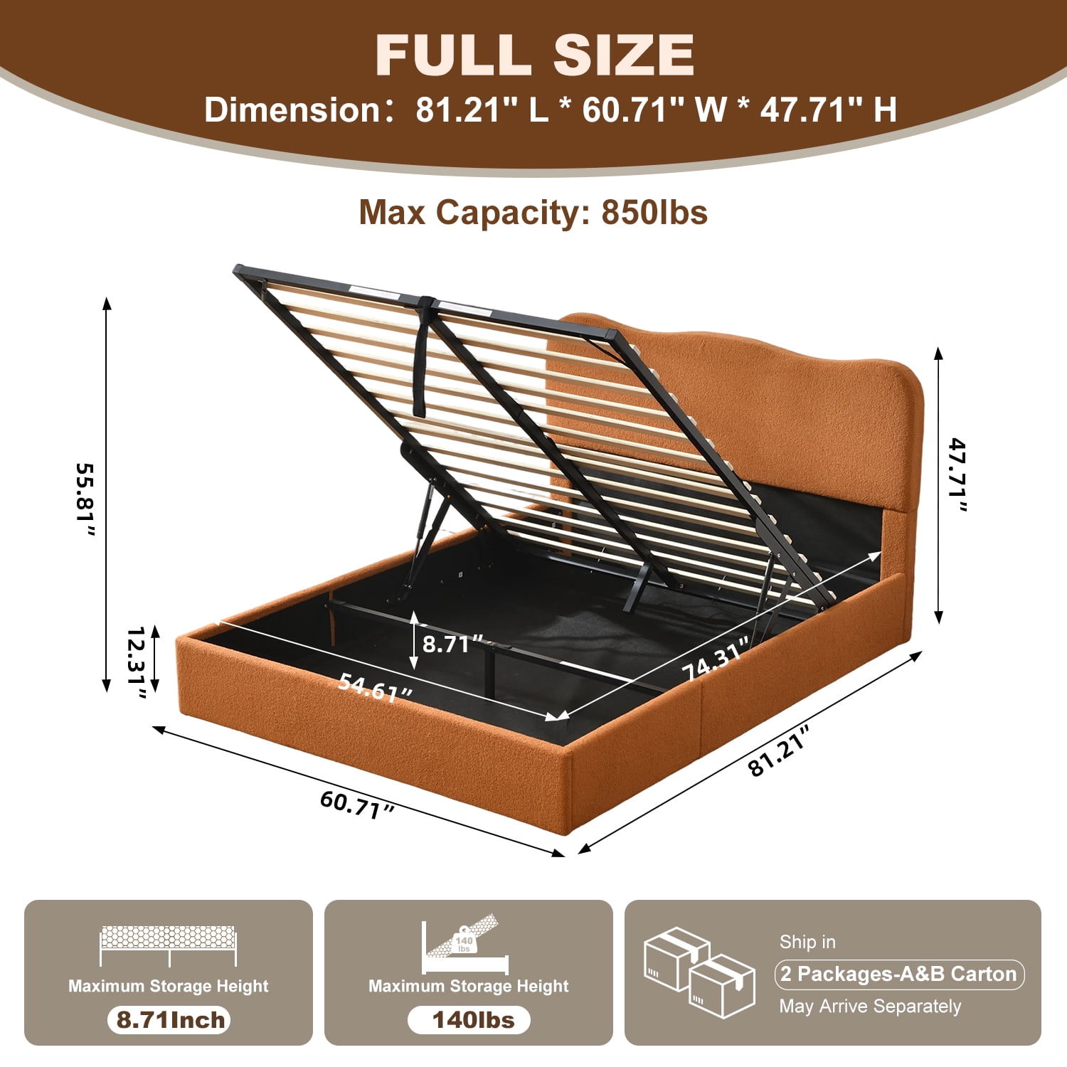 Full Size Bed Frame with Lift Up Storage, Boucle Upholstered Platform Bed with Curved Headboard, No Box Spring Needed, Hydraulic Storage, Brown