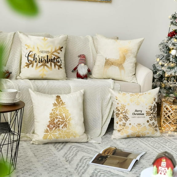 Christmas Outdoor Throw Pillow Covers 18X18 Holiday Home Decorations Gold Velvet Cushion Cases for Sofa,Set of 4