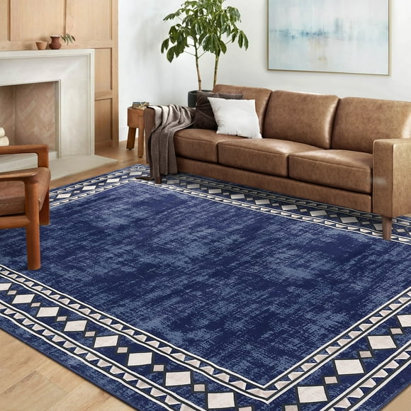 HOMERRY 9' x 12' Area Rug for Living Room Washable Bedroom Geometric Border Indoor Carpet, Navy