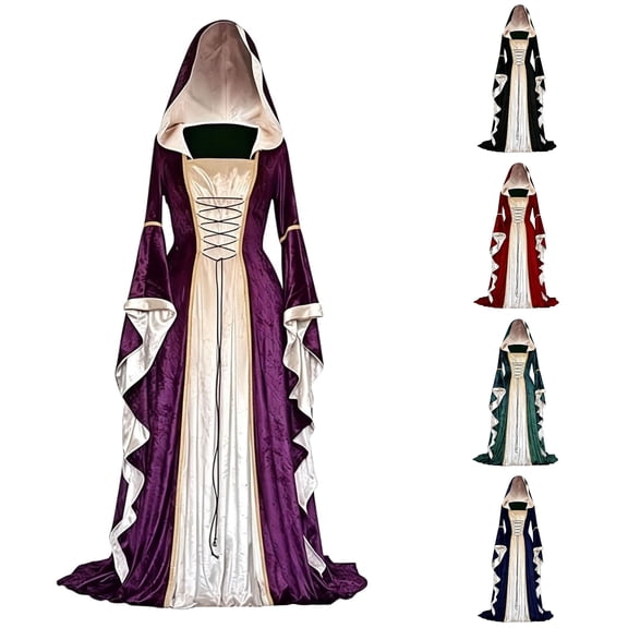 DHFJKG Women Velvet Hooded Gown, Flare Long Sleeve Lace Up Victorian Maxi Dress, Halloween Gothic Dresses
