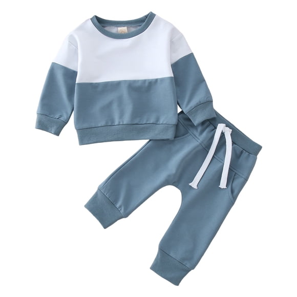 WEIYLL Ensembles pour Garçons Ensembles Manches Longues Hauts à Empiècements de Couleur Pantalons de Couleur Unie Deux Pièces Sports Enfants Complets Bleus 12-18 Mois