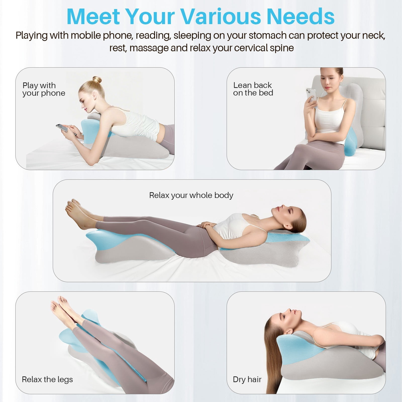 TOPCHANCES Lumbar Support Pillow, Memory Foam Back Support Cushion, Orthopaedic Bed Wedge Pillow with Removable Headrest, Ergonomic Backrests for Back, Neck, Lumbar & Legs (Blue/Gray)