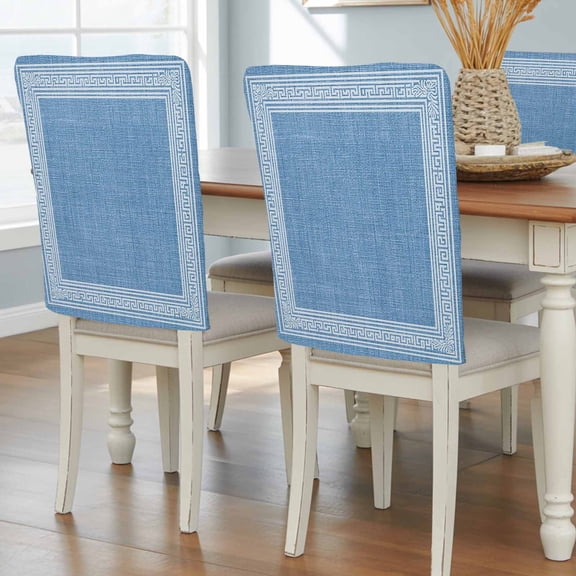 Sky Blue Retro Greek Key Chair Back Covers, Geometric Greece Ancient Farmhouse Removable Chair Covers for Dining Chairs Set of 8, Chairs Slipcovers Back Seat Protector for Wedding Party 19"x20"