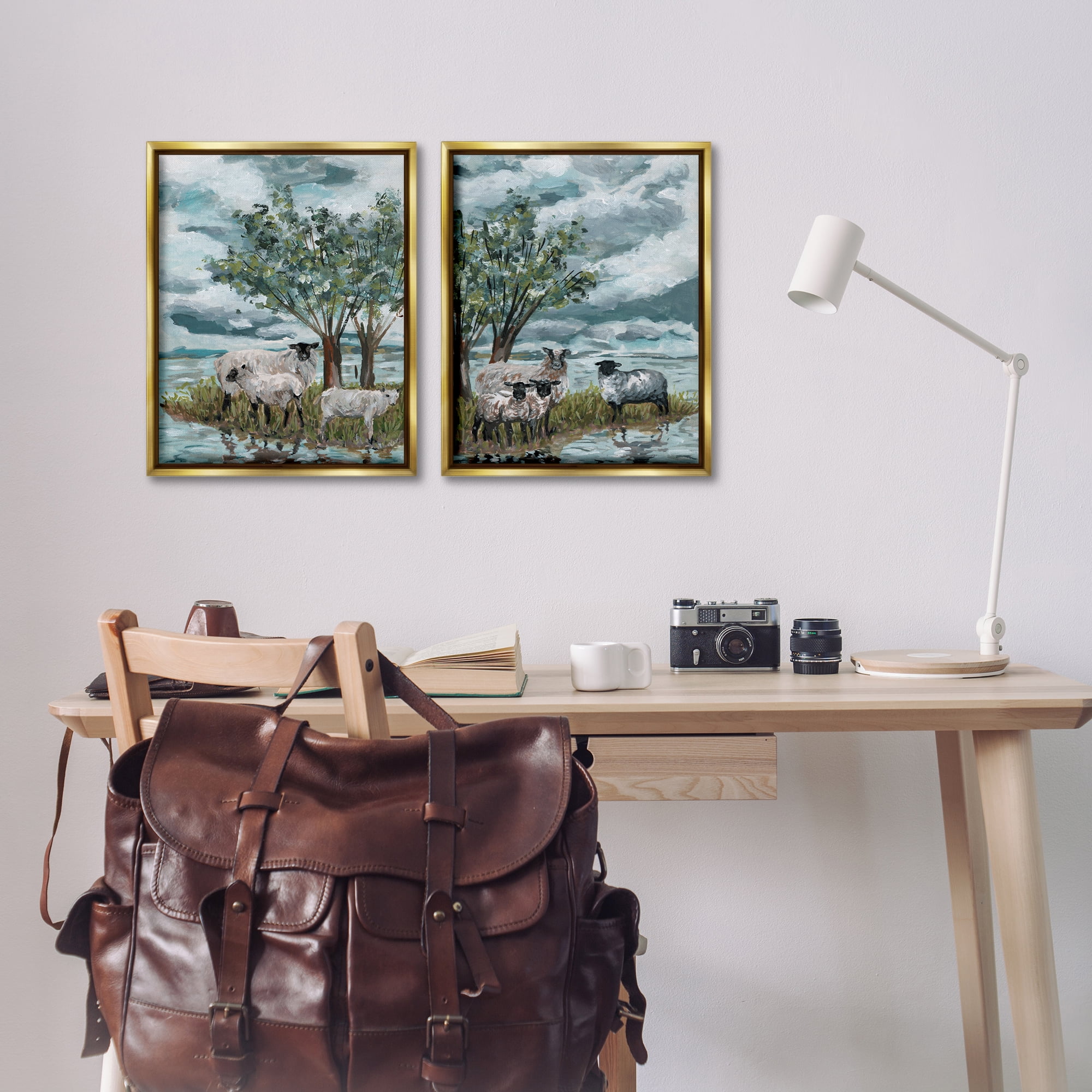 Stupell Industries Sheep in Field Landscape & Nature Painting Gold Floater Framed Canvas Art Print Wall Art, 17 x 21, Set of 2