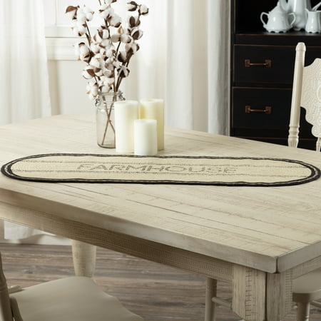 Bleached Jute - Ashton & Willow Bleached White Farmhouse Tabletop Kitchen Miller Farm Charcoal Jute Stenciled Text Oval 13x36 Runner