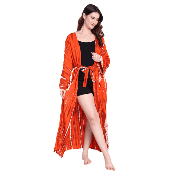Vivanta Burnt Orange Tie Dye Long Kimono for Women – Open Front Swimsuit Cover Up, Lightweight Viscose Boho Beach Kimono, Stylish Summer Swimwear Cover Up, Vacation Resort Wear