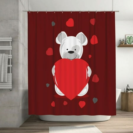 Romantic Bear Heart Pattern Shower Curtain, Valentine Love Waterproof Bath Curtains for Bathroom Decorations, 72 x 72 inches