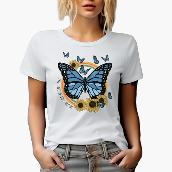 Distressed Live Life in Full Bloom - Retro Butterfly & Sunflower Art Merch Gift, White T-Shirt, Small