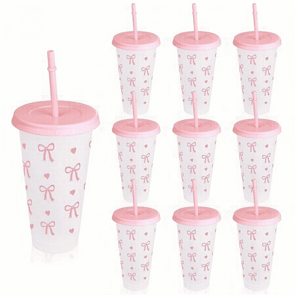 10pcs Pink Belt Bow Plastic Water Bottle With Straw And Lid, Reusable Plastic Cup, Cold Drink Cup, Iced Coffee Suitable For Home And Office Use