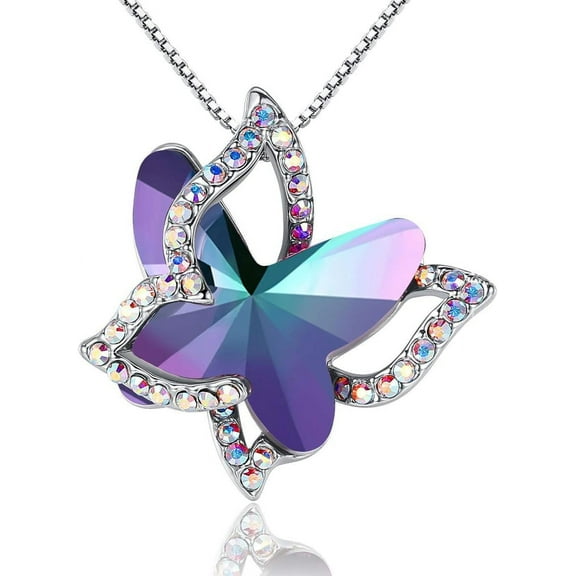 Leander Gift Butterfly Birthstone Crystal Necklace, Silver Tone with 18u201d 2u201d Chain, Necklace for Motheru2019s Day Anniversary Birthday Gifts for Women and Daughter