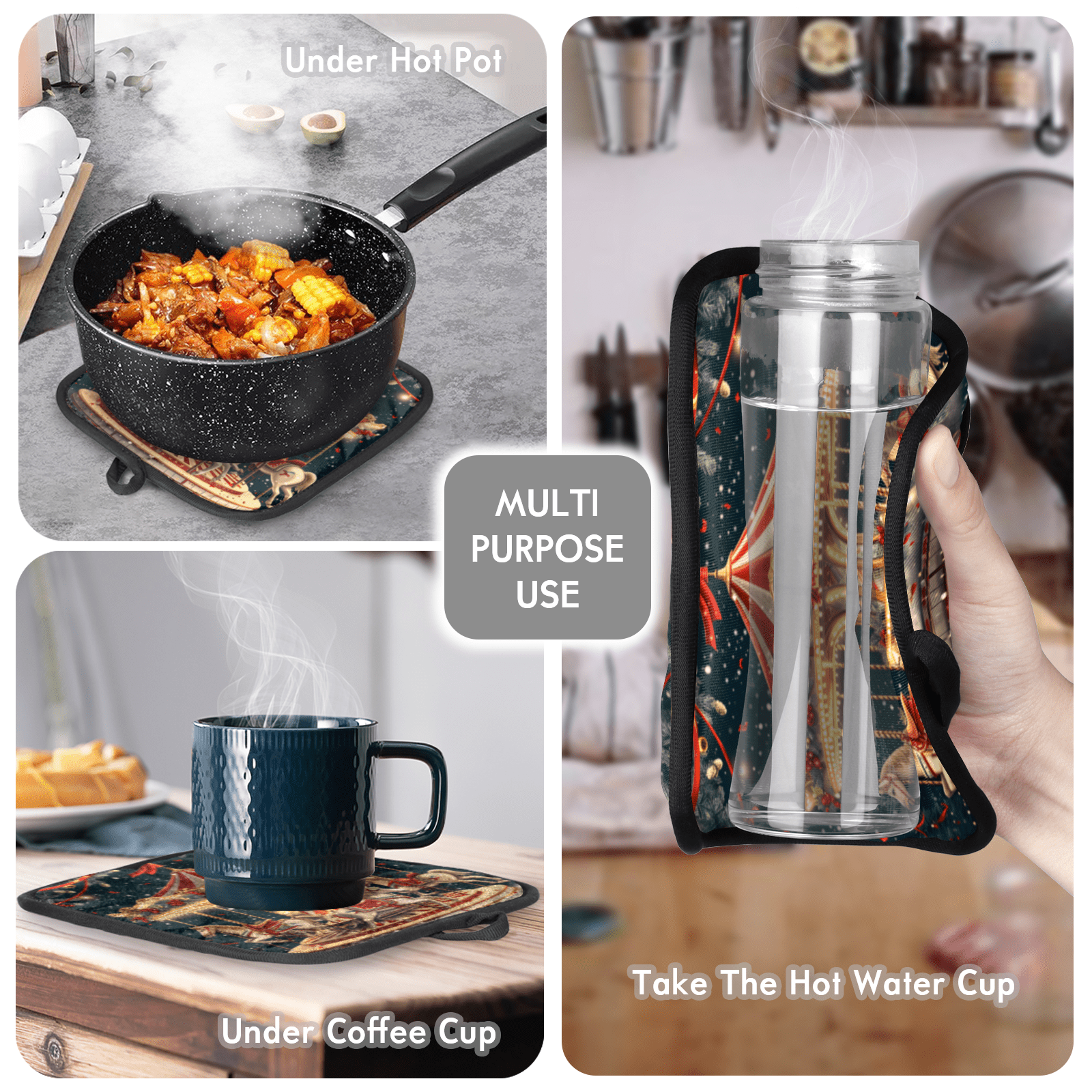CURLYOOT Christmas Carousel Horse Oven Mitts and Pot Holders Sets of 2, Non-Slip Washable Hot Pads and Oven Gloves for Kitchen Cooking Baking
