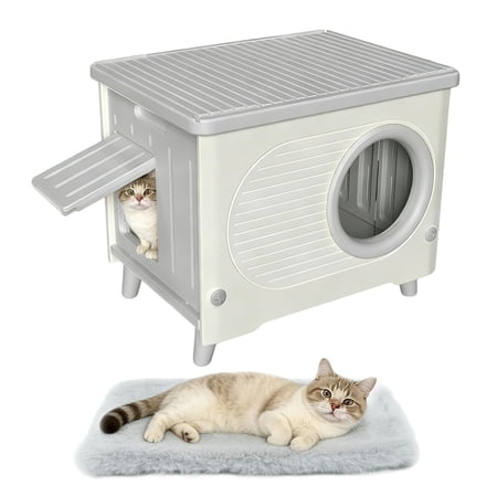 Outdoor Cat House Weatherproof Insulated Heavy-duty Plastic Feral Shelter With Escape Door & Rain Curtain Elevated Stackable For All Seasons Indoor Cozy Cushion