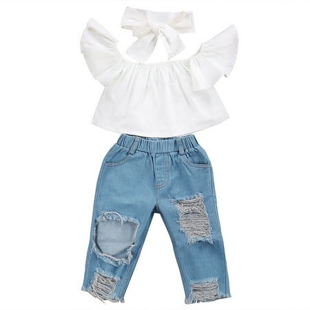 

DNDKILG Infant Baby Toddler Girls Clothes Set Ruffle Summer Short Sleeve T Shirts and Jean Pants Set Outfits with Headband White 6M-5Y 120