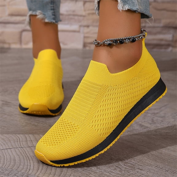 Domuza Women's Breathable Walking Sneakers, lightweight non-slip casual shoes, comfy for work, tennis, shopping and travel. Yellow 6.5(EU-37)